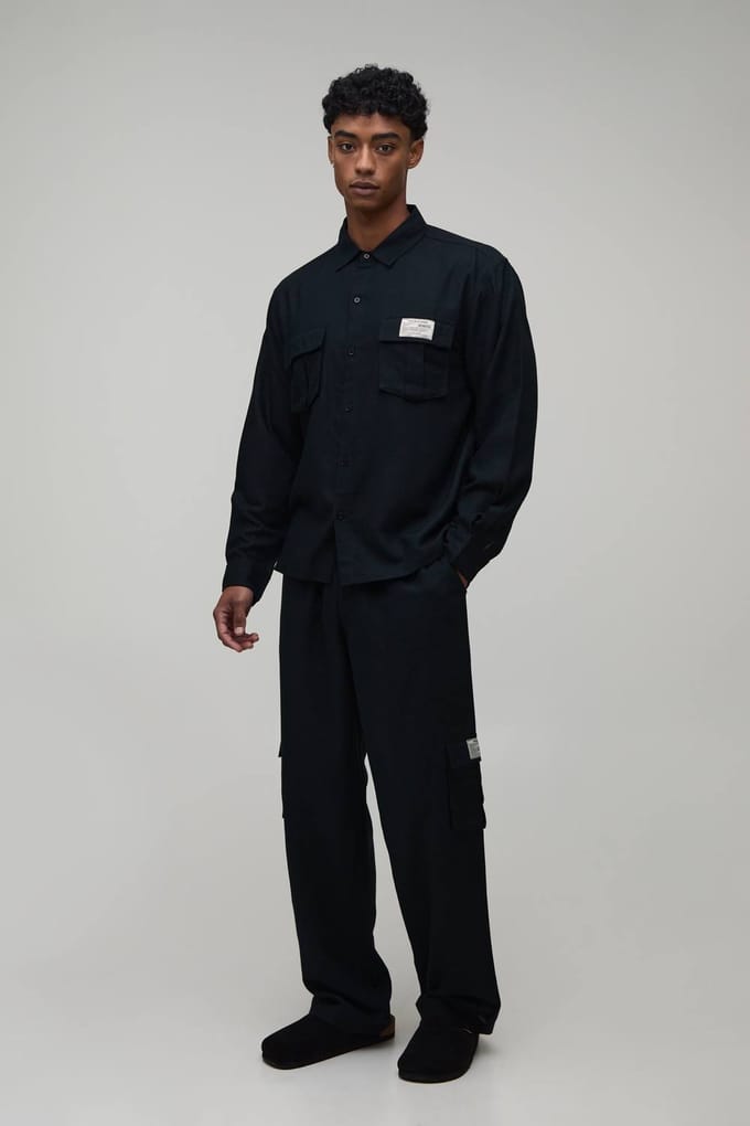 Linnen Regular Cargo Overhemd & Relaxed Broek Set | Black | Size Medium