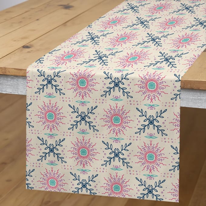 ABAKUHAUS Boho Tafelloper – Bladmotief – 40x225 cm – Hemelsblauw/roze