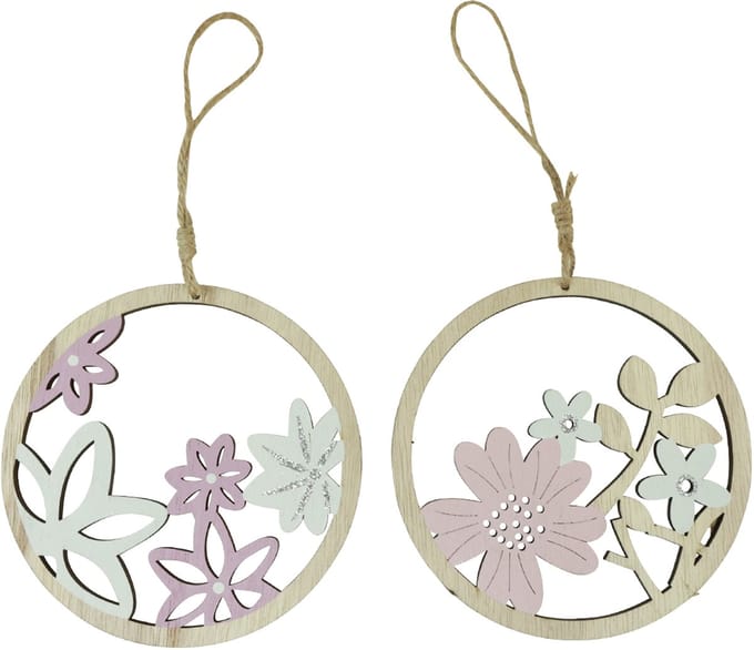Decoratieve hanger hout bloemen naturel wit paars glitter Ø12cm 6 st,