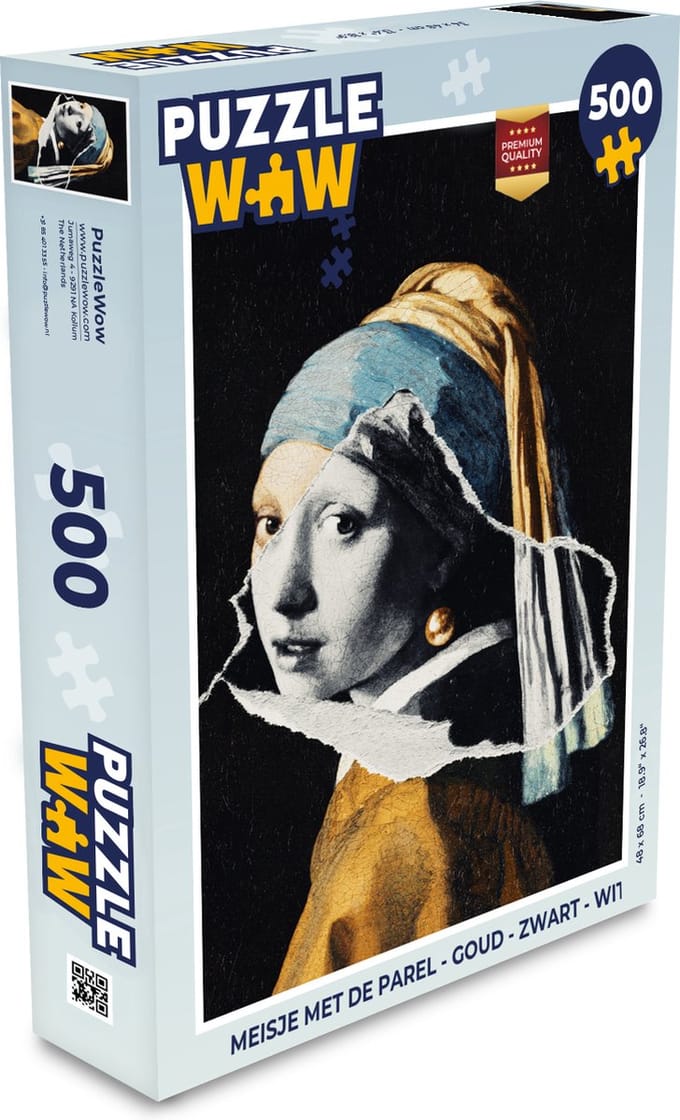 Puzzel Meisje met de parel - Goud - Zwart - Wit - Legpuzzel - Puzzel 500 stukjes