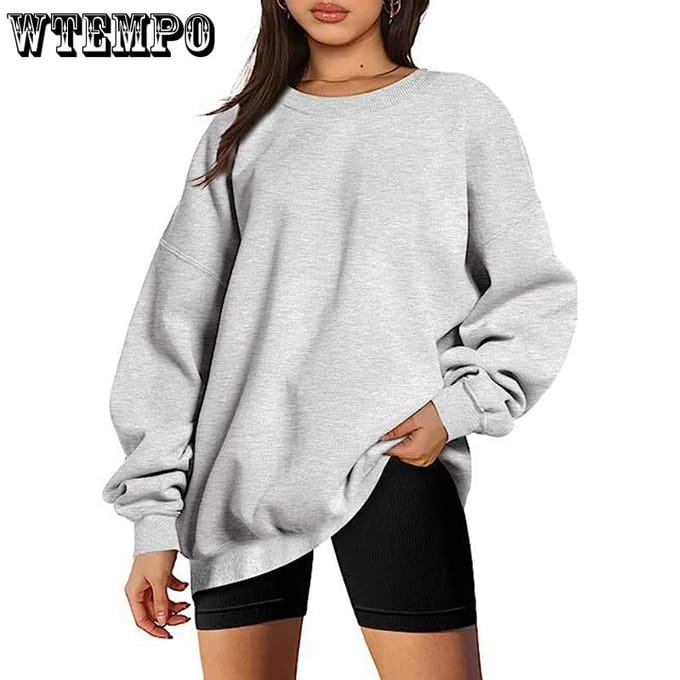 Sweat-shirt pull à col rond pour femmes et hommes, couleur unie, surdimensionné, ample, décontracté, en polaire M gris clair
