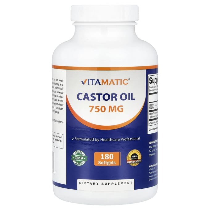 Vitamatic, Huile de Ricin, 750 mg, 180 Gélules Molles