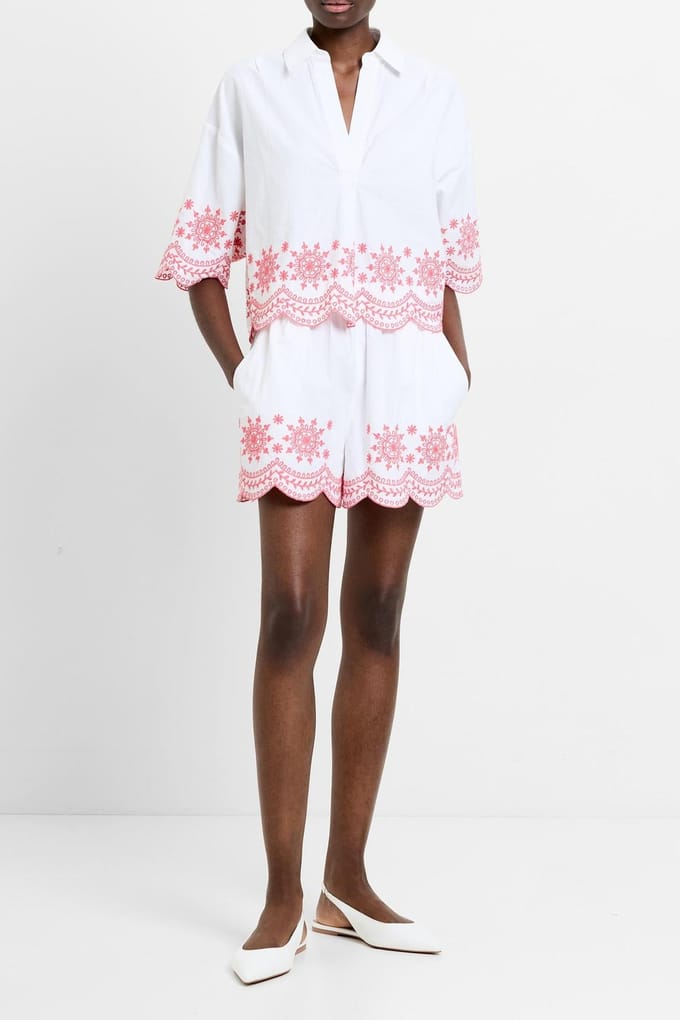 French Connection Emb Hem S/s Cotton Popover White/raspberry Pink Größe: M | Blusen Outlet | Damen | Rosa