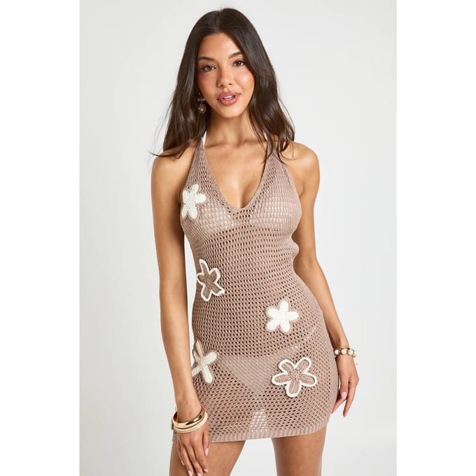 boohoo Dames Gehaakte Halter Mini-jurk Met Bloemen Corsage | Mokka | Maat: Medium