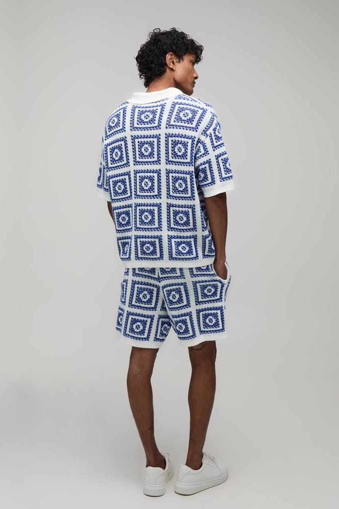 Oversized Boxy Gebreide Polo En Short Set Met Gehaakte Patches | Blue | Size Medium
