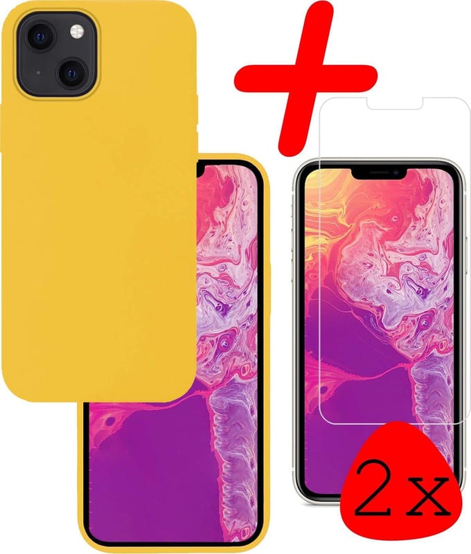 Hoesje Met 2x Screenprotector - Geschikt voor Apple iPhone 13 Mini - Sterk & Shockproof - Back Cover - Siliconen Case - Telefoon Hoes - Geel