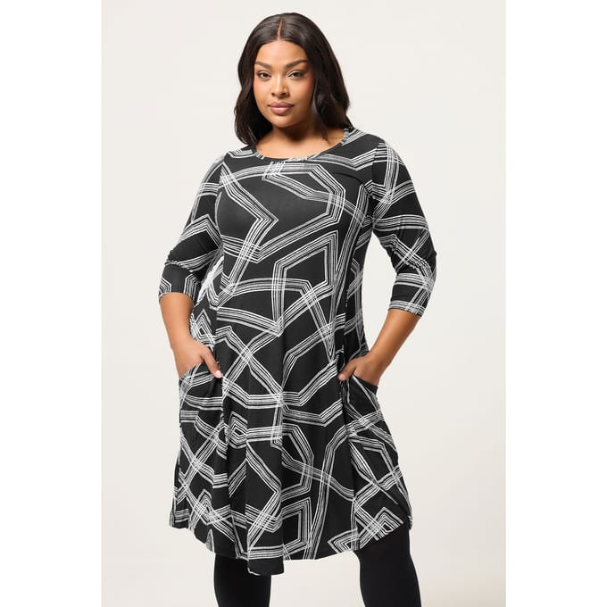 Yours Zwarte Abstracte Jurk Met Zakken Size 42