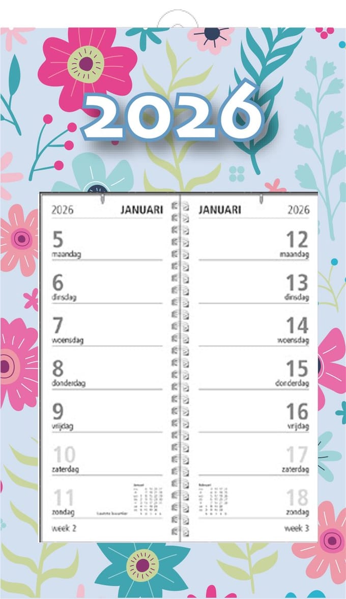 MGPcards - Omlegweekkalender 2026 - Week begint op maandag - 21 x 34 cm - Flowers - Licht blauw