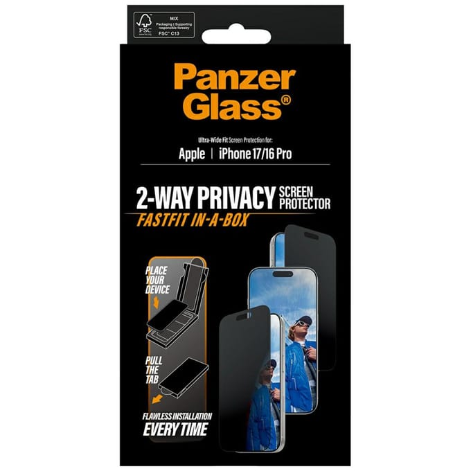 PanzerGlass Screenprotector geschikt voor Apple iPhone 16 Pro Glazen | PanzerGlass FastFit Screenprotector Privacy - Case Friendly - Zwart