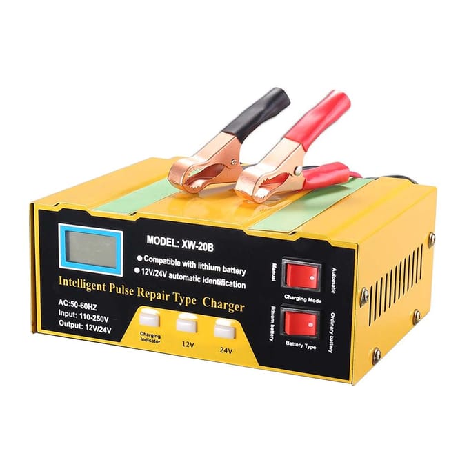 12V/24V acculader Intelligente pulsreparatielader met digitaal display voor autocellen EU Plug beige