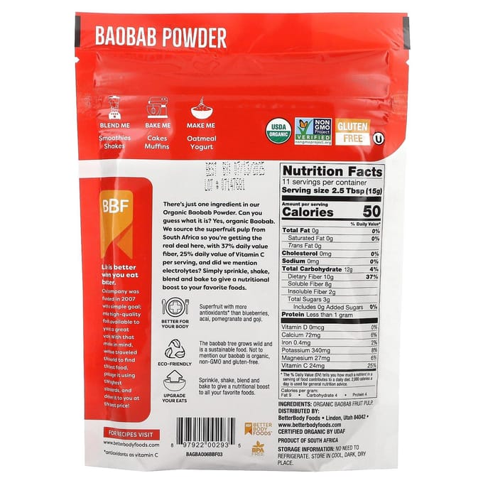 BetterBody Foods, Biologisch Baobab Poeder, 6 oz (170 gr)