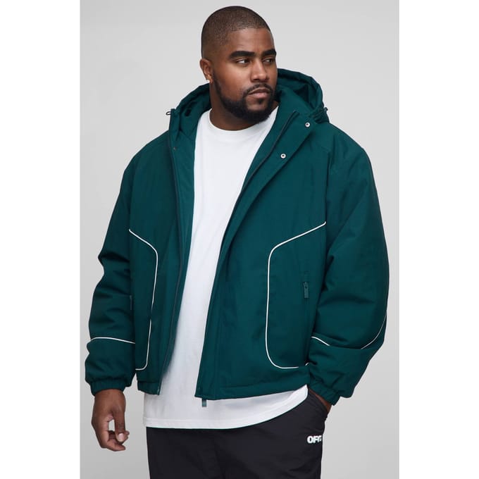 Plus Regular Fit Piping Detail Nylon Padded Parka Jacket | Forest | Size 2XL