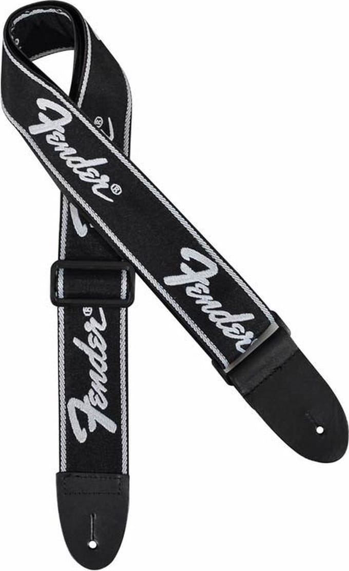 Fender 990671000 gitaarriem, running logo, zwart met wit logo