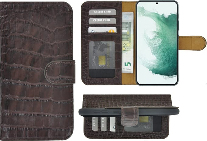 MoDo hoesje Geschikt voor Samsung Galaxy S22 Plus - Echt Leer Book Case - Croco Chocoladebruin