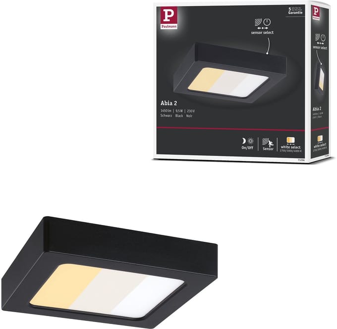 LED-paneel Abia 2 White Select Schemergestuurde bewegingsmelder (HF) hoekig 170x170 mm 9,5W 1100lm White Select Zwart