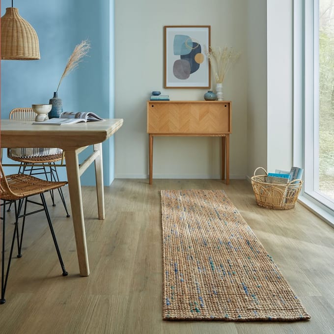 Flycarpets Loper Jute Vloerkleed - Boucle Naturel / Blauw 67x200 cm