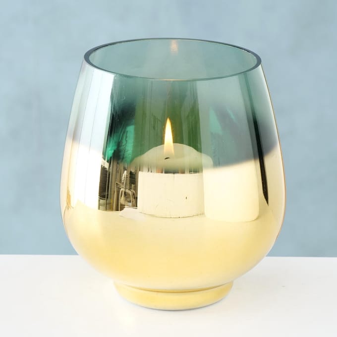 Windlicht - Goud - Groen - Ø 13cm - Glas - 15cm