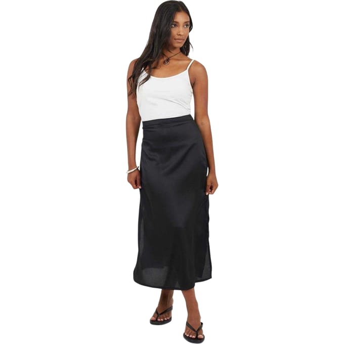 Brave Soul Midi-rok met zijsplit van satijn voor dames (Zwart)