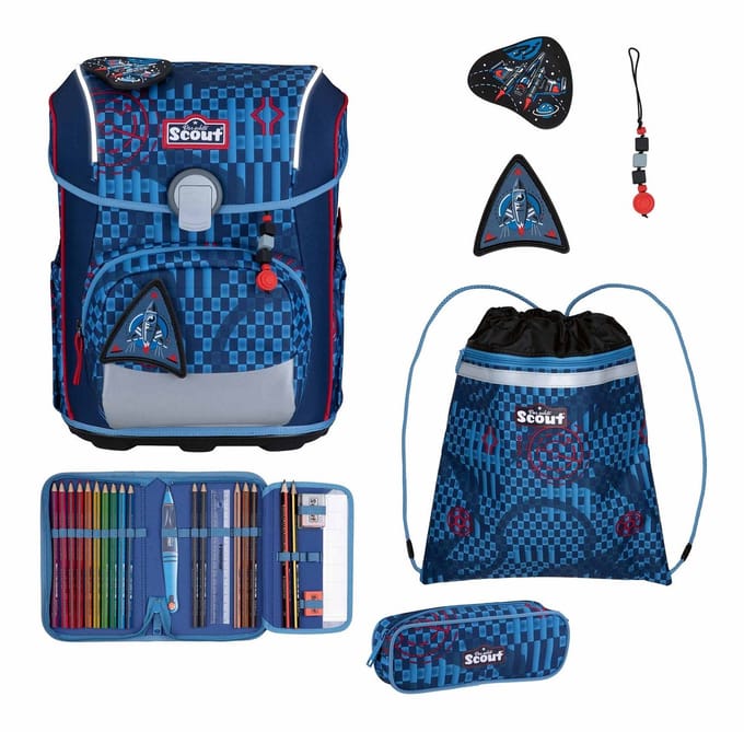 Scout schooltas Safety Light Neo Set 4-delig Space Explorer blauw