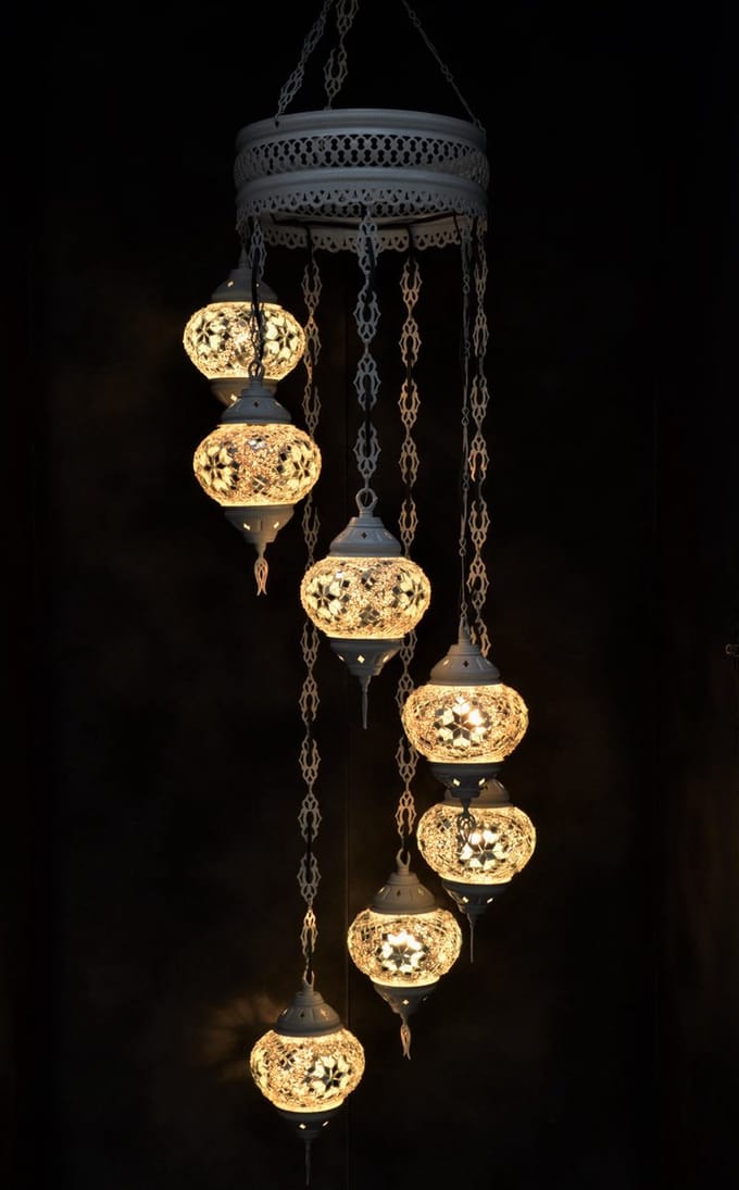Hanglamp multicolour  wit glas mozaïek Oosterse lamp kroonluchter Crèmewit 7 bollen