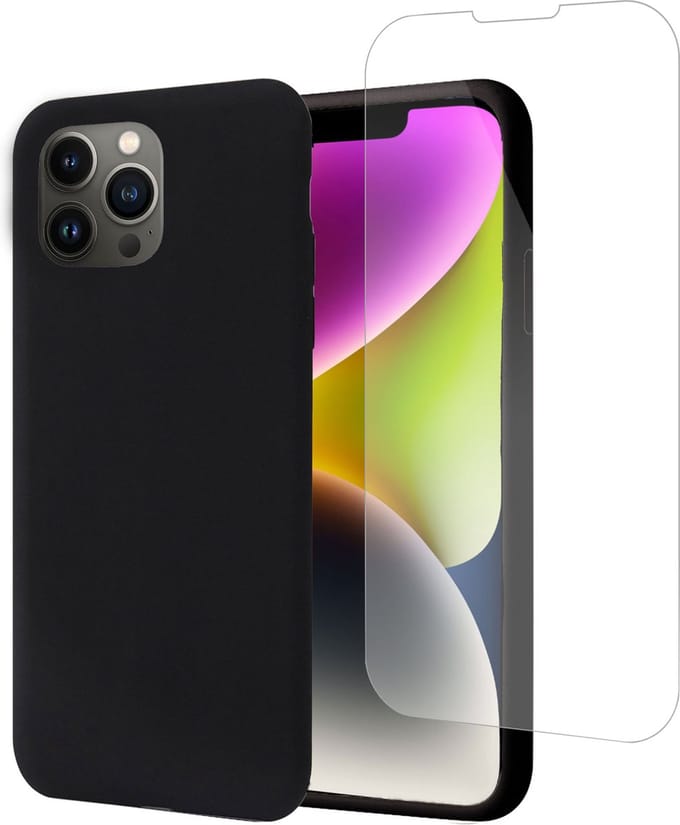 Hoesje geschikt voor iPhone 14 Plus + Screenprotector – Tempered Glass - Liquid Back Case Cover Zwart
