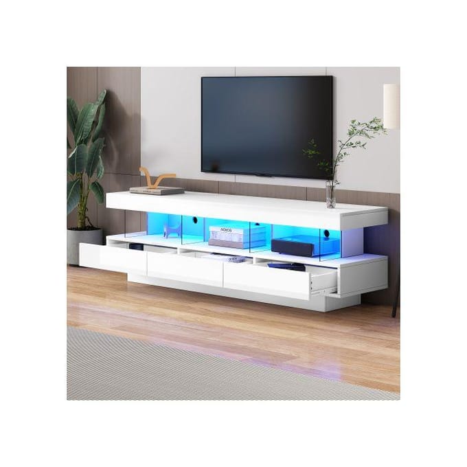 Meuble TV - MUVOE - 160x38x50.5cm - Blanc brillant - 3 compartiments en verre - Éclairage LED blanc
