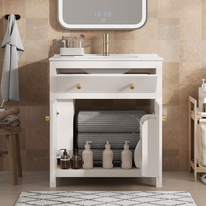 REDOM - Badkamermeubel Met Wastafel - Geribbeld Front En Soft-Close - Modern - MDF En Keramiek - Wit - 81 x 46,5 x 86,5 cm