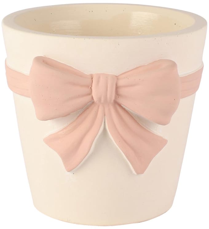 Dekoratief | Bloempot m/strik, wit/roze, cement, 15x14x13cm | A260460