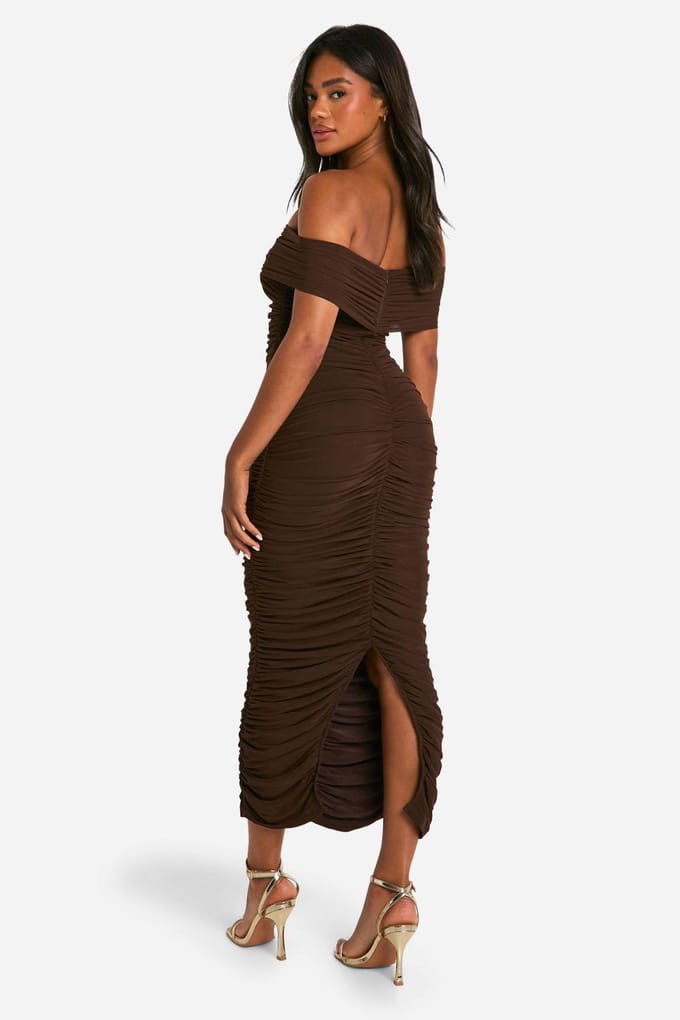 boohoo Dames Premium Power Mesh Gestructureerde Midaxi Jurk | Chocoladebruin | Maat: 40