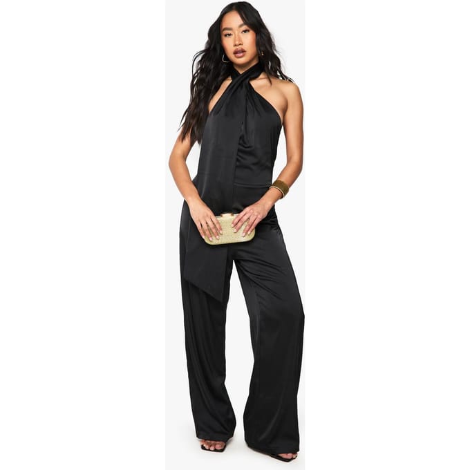 boohoo Dames Jumpsuit met satijnen sjaaldetail | Black | Maat: 14