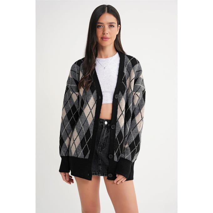 Oversized Argyle V-hals Geknopte Cardigan