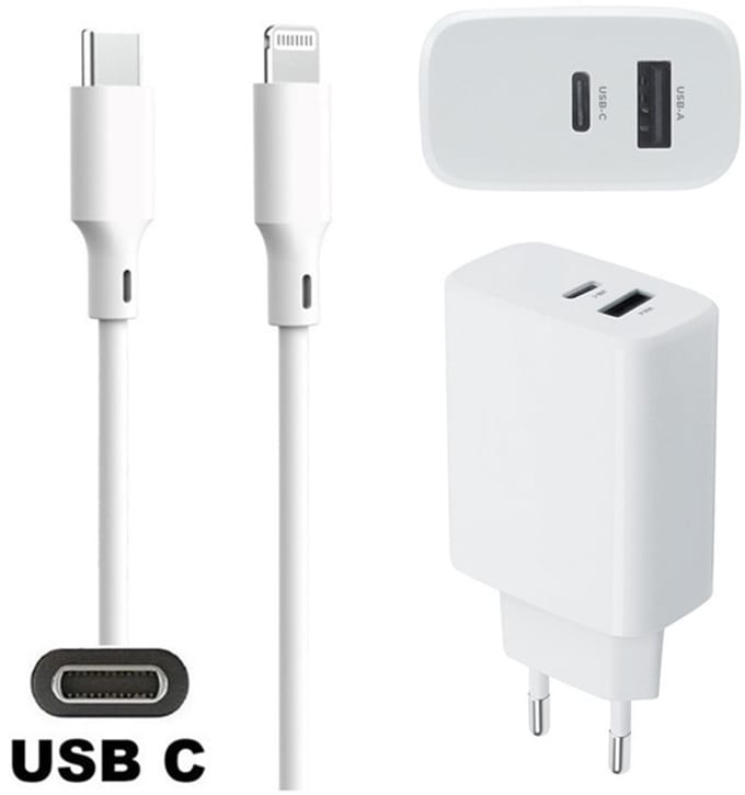 OneOne 25W super snellader met 2 poorten + 1,5m OneOne USB C naar Lightning kabel. PD lader. Oplader adapter past op Apple iPhone SE 2, iPhone 8, iPhone 8 Plus, iPhone 10, iPhone X, iPhone XR, iPhone XS, iPhone XS Max, iPhone 11