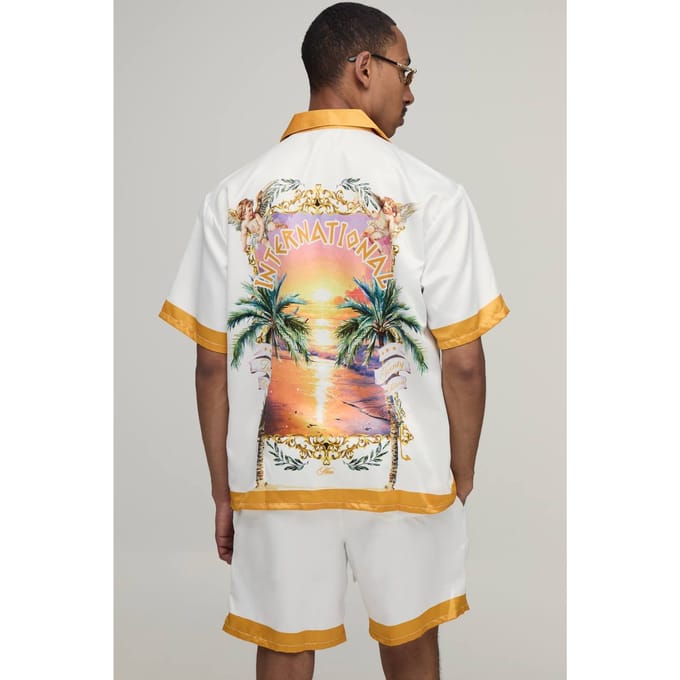 Oversized Shirt Met Korte Mouw En Short Set Met Locatieprint In Satijn | Yellow | Size Medium