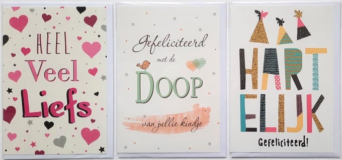 3 Wenskaarten - Doop + Heel veel liefs + Hartelijk Gefeliciteerd - 12 x 17 cm – Doo-302