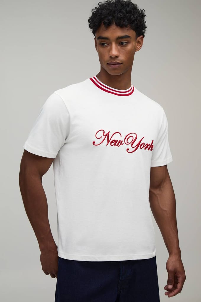 Regular Fit New York Hi-Build Embroidered T-Shirt | Ecru | Size Medium