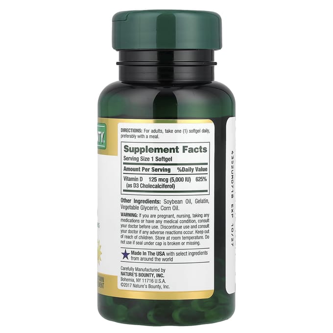 Nature's Bounty, D3, Santé Immunitaire, 125 mcg(5 000 UI), 150 Gélules Molles