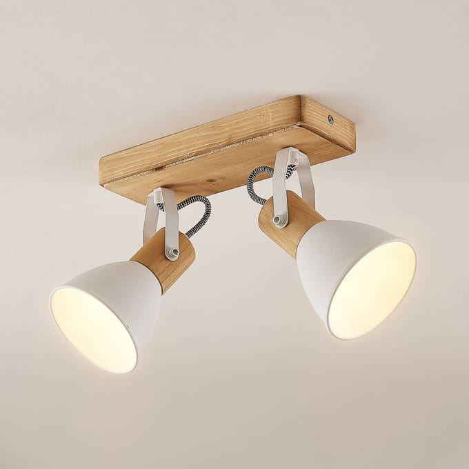 Lindby - buitenspot - 2lichts - Metaal, dennenhout - H: 23 cm - E14 - licht hout, wit