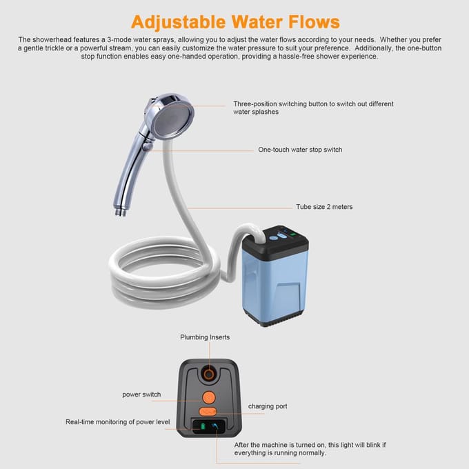 Draagbare kampeerdouche Buiten elektrische douchepomp Oplaadbare batterij aangedreven douche Waterdicht 1 Sprays Mode