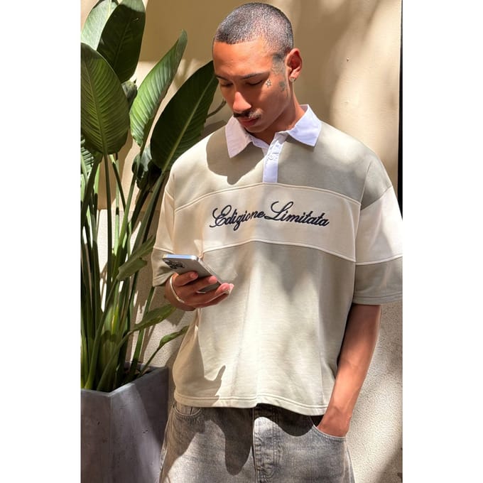 Oversized Boxy Colour Block Rugby Polo | Stone | Size XS