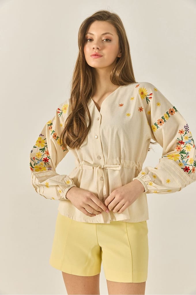Geweven V-hals Katoenen Shirt met Strik