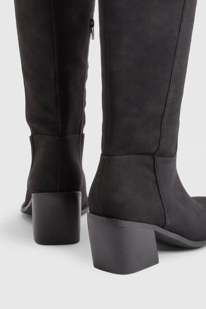 boohoo Dames Wijde Kniehoge Western Laarzen | Black | Maat: 4