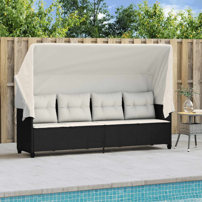 vidaXL - Ligbed - met - luifel - en - kussens - poly - rattan - zwart