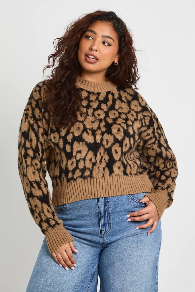 boohoo Dames Plus Leopard Geribbelde Ronde Hals Trui | Maat: 18