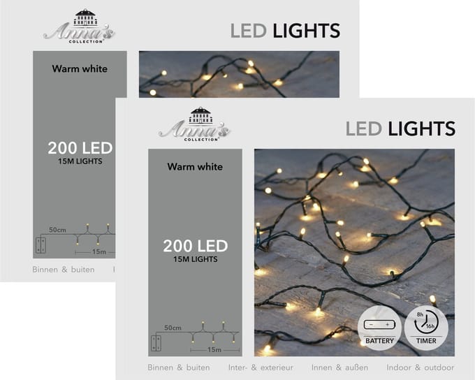 Anna's Collection Kerstverlichting - 2x - warm wit -1500 cm - 200 leds - zwart snoer - batterij