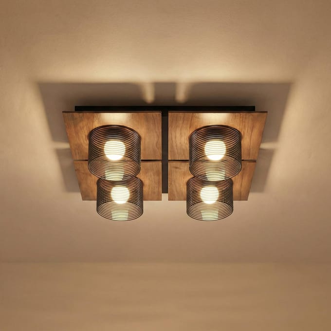 Lucande LED plafondlamp Eiko, 42 cm, walnoot/rookgrijs, glas