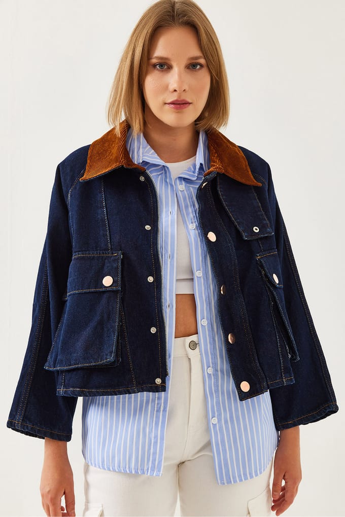 Denim Overhemdjack met Fluwelen Kraag