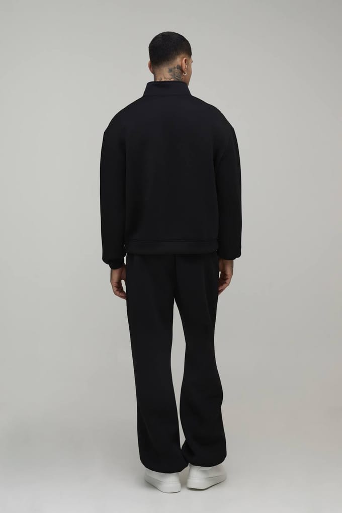 Tall Oversized Boxy Bonded Scuba Zip Funnel Neck & Oversized Jogger Tracksuit | Black | Size Medium