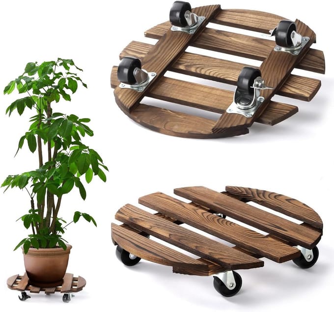 Set van 2 Plantenrollers Rond 30 cm Hout met Wielen voor Binnen en Buiten
