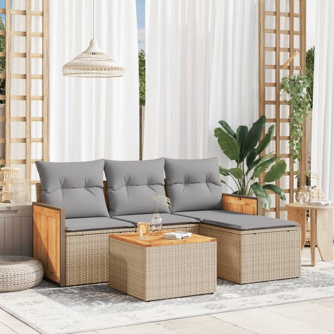 vidaXL - 5-delige - Loungeset - met - kussens - poly - rattan - beige