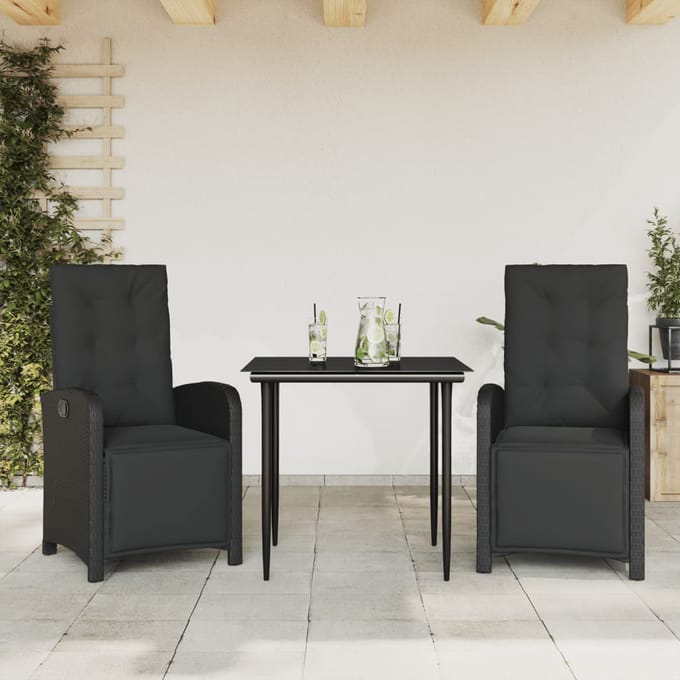 vidaXL - 3-delige - Bistroset - met - kussens - poly - rattan - zwart